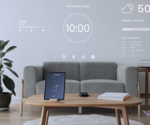 Digital tablet screen with smart home controller on a wooden table
